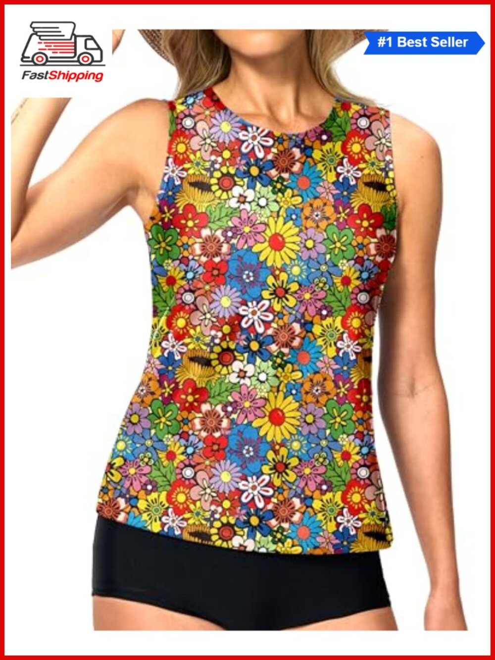 High Neck Tankini Top Modest Swim with Bra Removable Pads UPF 50+